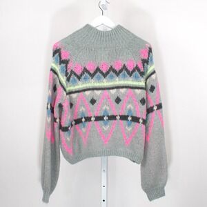 Hollister Mock Neck Fair Isle Knit Sweater Gray Hot Pink Blue Size L